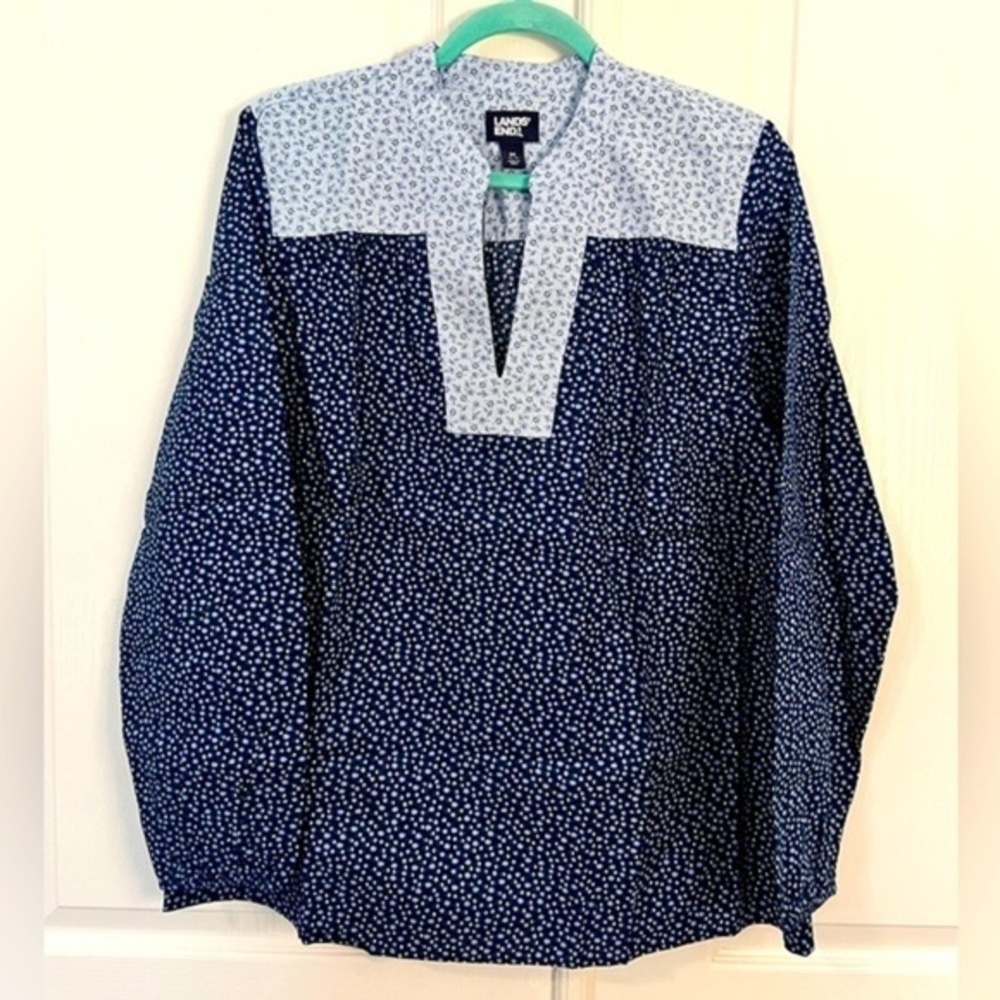Lands' End M/L Cotton Poplin Peasant Blue Patterned Shirt Star Dot NWOT